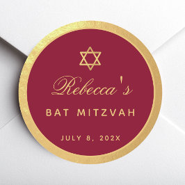 Pegatina Redonda Bat Mitzvah Burgundy Faux Gold Elegant Calligraphy