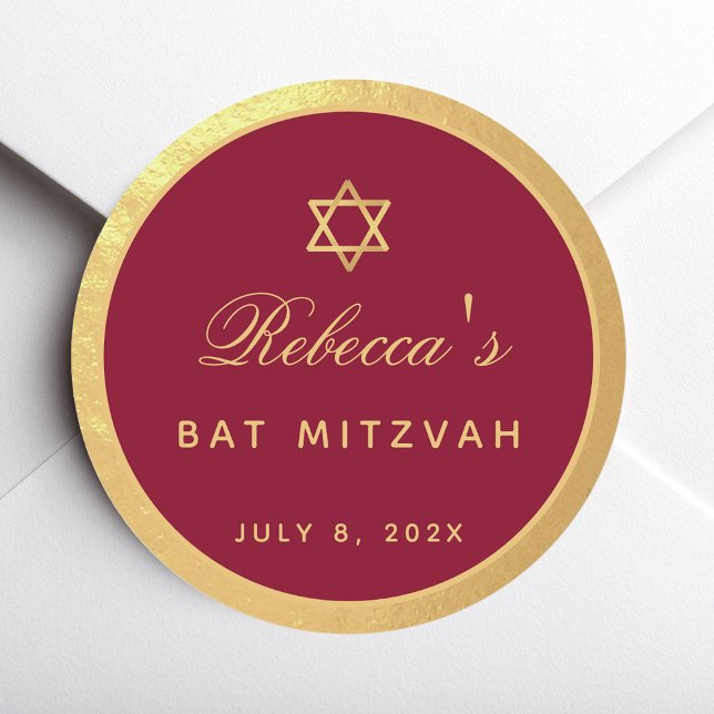 Pegatina Redonda Bat Mitzvah Burgundy Faux Gold Elegant Calligraphy (Subido por el creador)