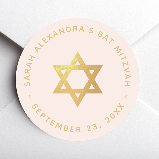 Pegatina Redonda Bat Mitzvah Girl Pink Faux Gold Foil Star of David (Subido por el creador)