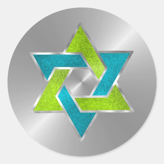 Pegatina Redonda Bat Mitzvah Lime Turquoise Star of David Silver (Anverso)