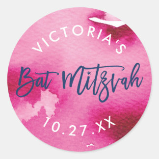 Pegatina Redonda BAT MITZVAH modern lettered dark pink watercolor