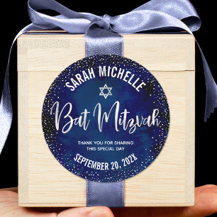 Pegatina Redonda Bat Mitzvah Moderno Azul Marino Brillo de Plata Sc