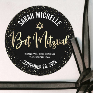 Pegatina Redonda Bat Mitzvah Moderno Script con Holografía Dorada y