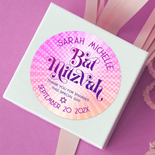 Pegatina Redonda Bat Mitzvah Negrita Retro Boho Rosa Naranja Gradie