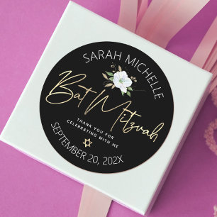 Pegatina Redonda Bat Mitzvah Oro Negro Script Floral Acuarela