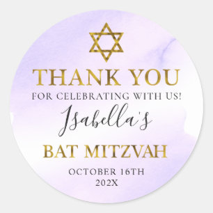 Pegatina Redonda Bat Mitzvah Pastel Purple Gold Gracias