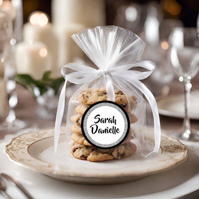 Pegatina Redonda Bat Mitzvah Purpurinoso Elegante negro y plateado (Subido por el creador)