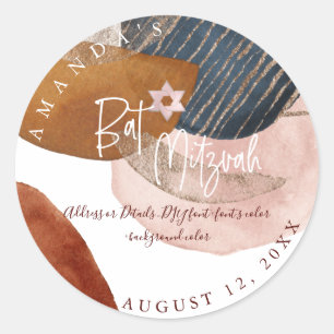 Pegatina Redonda Bat Mitzvah, Watercolor Moderno Abstract Shapes Cl
