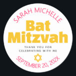Pegatina Redonda Bat Mitzvah Yellow Bold Hot Pink Typography Guay<br><div class="desc">¡Estén orgullosos, regocijaos y exhiban este hito de su Bat Mitzvah favorito! Usa esta pegatina pop audaz y personalizada para añadirle a su día especial. Divertido, groovy, audaz rosa caliente, amarillo y gris oscuro sans serif tipografía y Star of David sobre un fondo blanco limpio. Personalice el texto de la...</div>
