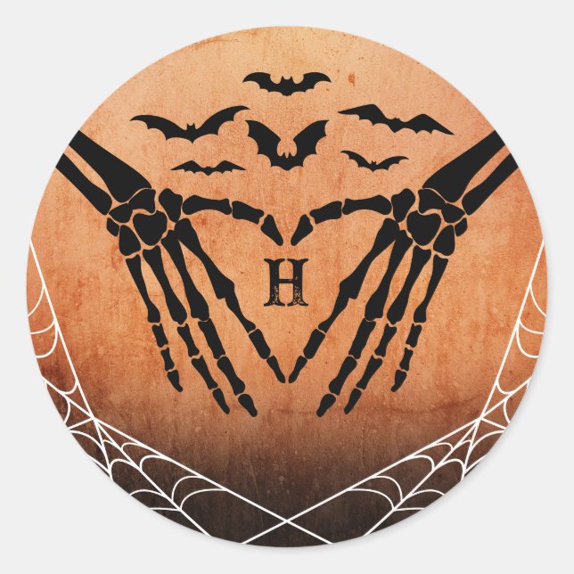 Pegatina Redonda Bat Skeleton Gótico Monograma Halloween Boda (Anverso)