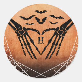 Pegatina Redonda Bat Skeleton Gótico Monograma Halloween Boda