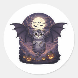Pegatina Redonda Bat Wing Fold - Escocia Fold Bat Cat Halloween
