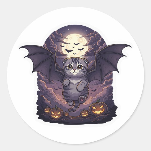 Pegatina Redonda Bat Wing Fold - Escocia Fold Bat Cat Halloween (Anverso)