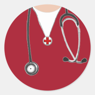 Pegatina Redonda Bata de hospital roja para médico
