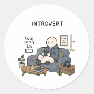 Pegatina Redonda Batería Social de Introvertido 1% Chiste de Introv