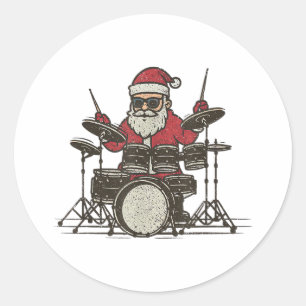 Pegatina Redonda Baterista Navidad Divertido Vintage Santa Tocando