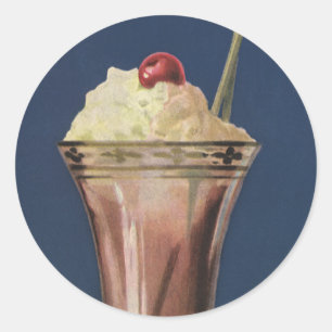 Pegatina Redonda Batido de Helado Antiguo, Crema Batida y Cereza