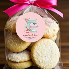 Pegatina Redonda Batidora de pastel "Horneado con amor" rosa