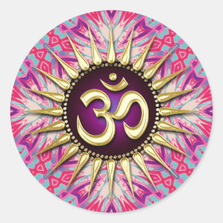 Pegatina Redonda Batik Fuchsia Pink Purple & Sunshine Om