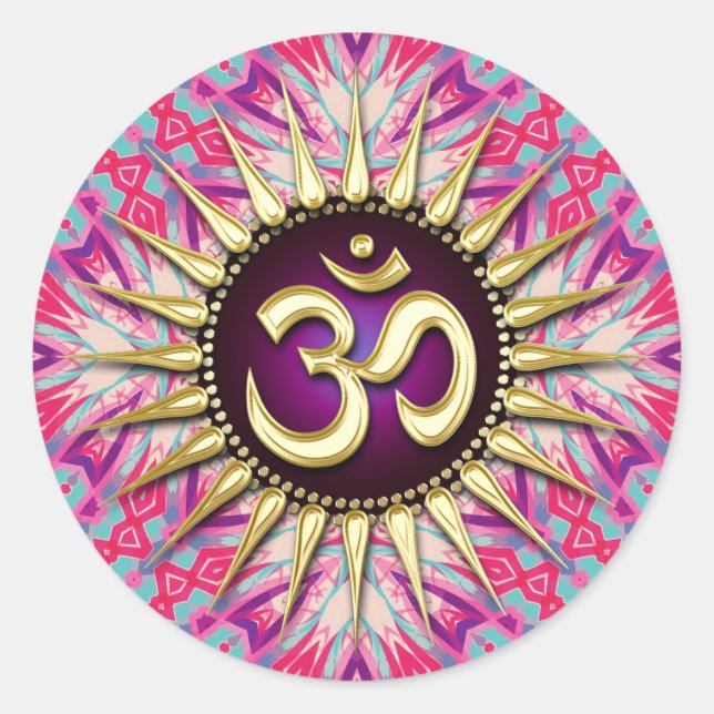 Pegatina Redonda Batik Fuchsia Pink Purple & Sunshine Om (Anverso)