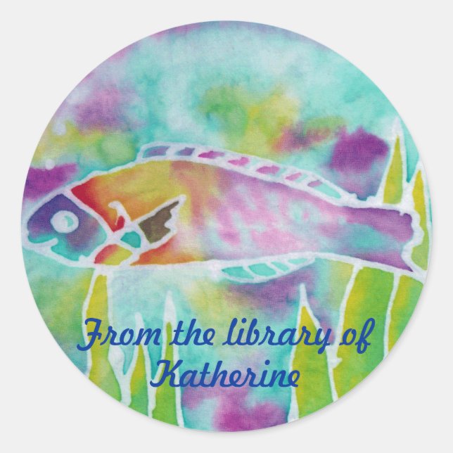Pegatina Redonda Batik Hinalea Wrasse Fish Custom Name Bookplate (Anverso)