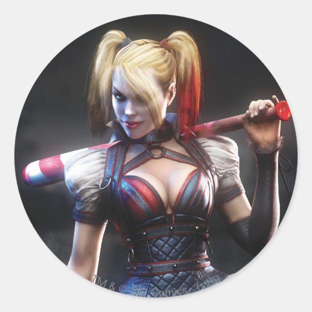 Pegatina Redonda Batman Arkham Knight | Harley Quinn con murciélago (Anverso)