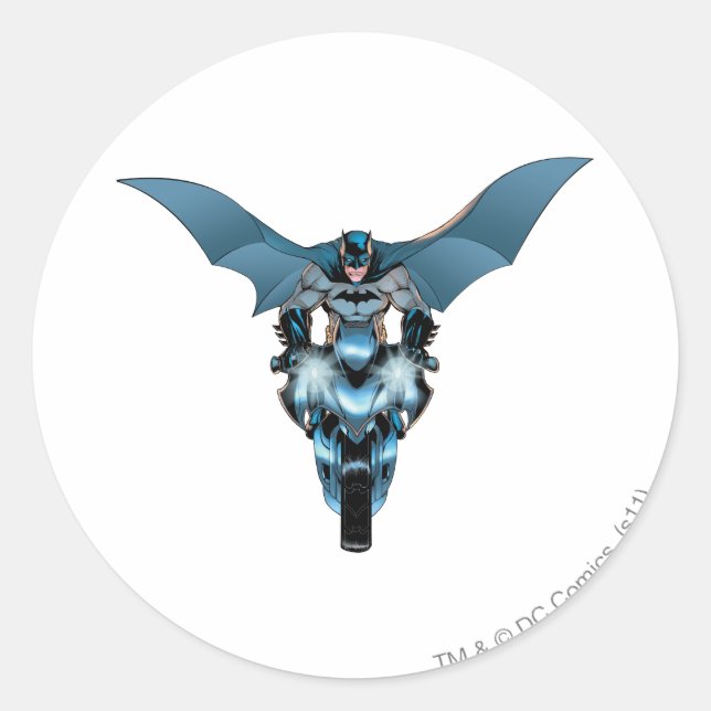 Pegatina Redonda Batman en bicicleta con capa (Anverso)