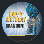 Pegatina Redonda Batman | Happy Birthday<br><div class="desc">Create a super party for that superhero in your life. Batman the world's greatest detective! Your guests won't need to look for any clues with these cool customized Batman stickers designed exclusively by DC Comics. This vivid design shows the fearless Batman dressed in black and ready to stalk through the...</div>