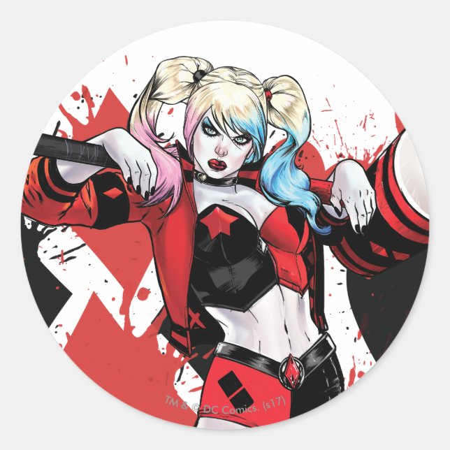 Pegatina Redonda Batman | Harley Quinn Hearts & Diamonds Splatter (Anverso)