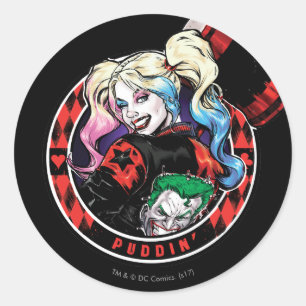 Pegatina Redonda Batman   Harley Quinn Winking Con Mallet