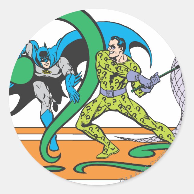Pegatina Redonda Batman lucha contra Riddler (Anverso)