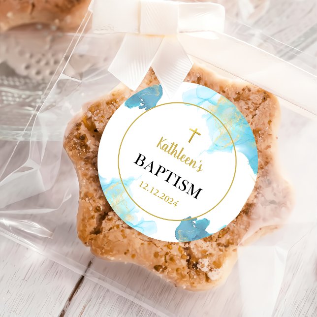 Pegatina Redonda Bautismo azul elegante y moderno (Subido por el creador)