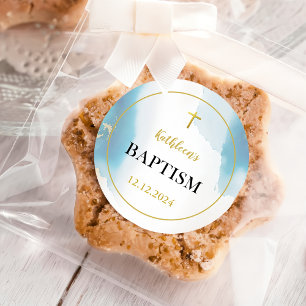 Pegatina Redonda Bautismo azul elegante y moderno