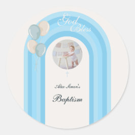 Pegatina Redonda Bautismo azul moderno con foto Personalizado