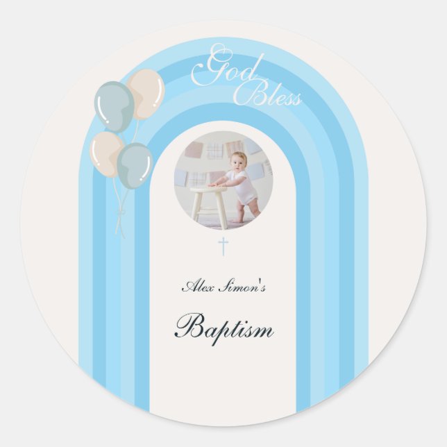 Pegatina Redonda Bautismo azul moderno con foto Personalizado (Anverso)