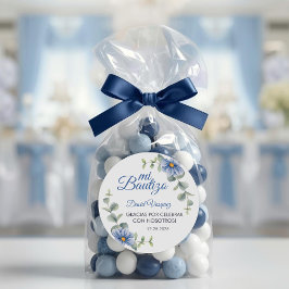 Pegatina Redonda Bautismo Bautismo Verde español deja flores azules