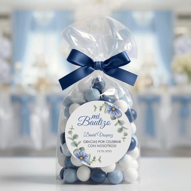 Pegatina Redonda Bautismo Bautismo Verde español deja flores azules (Subido por el creador)