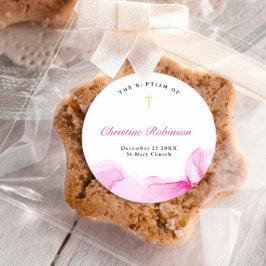 Pegatina Redonda Bautismo chica Christening Rosa Ink