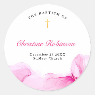 Pegatina Redonda Bautismo chica Christening Rosa Ink