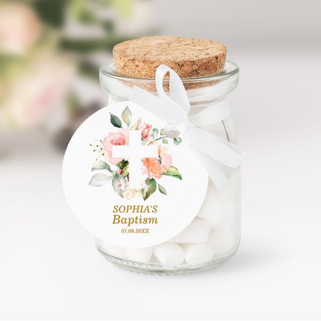 Pegatina Redonda Bautismo Chica Rosa y Cruz Blanca de Rubor (Subido por el creador)