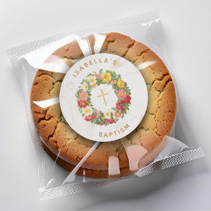 Pegatina Redonda Bautismo Cruz Floral Dorada Corona de Rosa Silvest