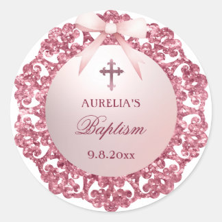 Pegatina Redonda Bautismo de armazón rosado de marco Purpurina de v