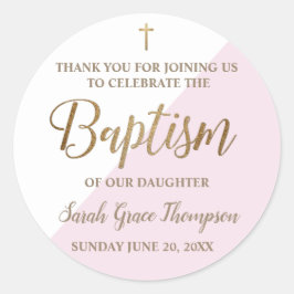 Pegatina Redonda Bautismo de bebé rosado personalizado gracias