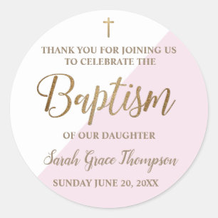 Pegatina Redonda Bautismo de bebé rosado personalizado gracias