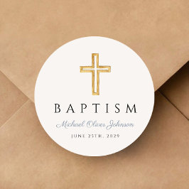 Pegatina Redonda Bautismo de niño con escritura azul turbio