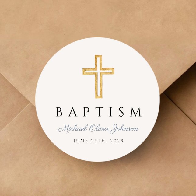 Pegatina Redonda Bautismo de niño con escritura azul turbio (Religious Cross Dusty Blue Script Boy Baptism Classic Round Sticker)