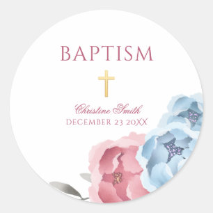Pegatina Redonda Bautismo de niño floral de color rosa azul peonist