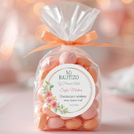 Pegatina Redonda Bautismo elegante y flores rosadas de primer cumpl