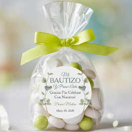Pegatina Redonda Bautismo elegante y primeras hojas verdes de cumpl