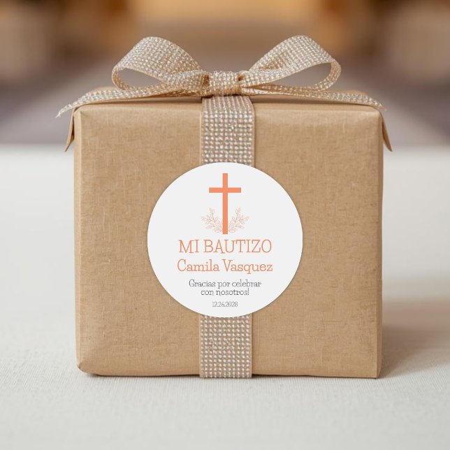 Pegatina Redonda Bautismo en español simple cruz Bautizo y hojas (Subido por el creador)